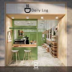 the inside of a store with stools and tables