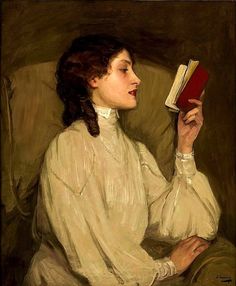 a painting of a woman holding a book in her right hand and looking up at the sky