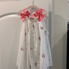 Dress With Bows And Embroidered Flowers Cute Floral Embroidered Dress For Dress-up, Cute Dress With Floral Embroidery For Dress-up, Red Floral Embroidered Cotton Dress, Red Cotton Dress With Floral Embroidery, Cute Embroidered Cotton Dress, Dress With Bow, Embroidered Dress, Embroidered Flowers, Kids' Dresses