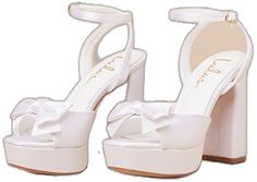 Satin Sandals With Padded Heel For Wedding, Elegant Satin Platform Heels, Elegant White Satin Sandals, White Satin Evening Sandals, Square Toe Heels With Heel Strap For Wedding, Summer Wedding Square Toe Sandals, Square Toe Sandals For Summer Wedding, Square Toe Sandals For Wedding In Spring, Summer Wedding Sandals With Square Toe