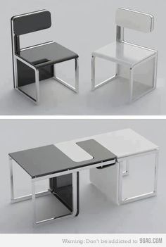 two different views of the same table and chair, one in black and white color