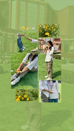 a collage of photos with people laying on the grass and one person taking pictures