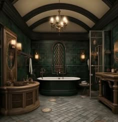 an ornate bathroom with green tile and chandelier