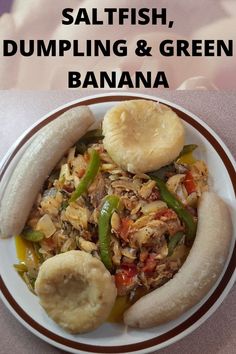 a white plate topped with bananas and meat