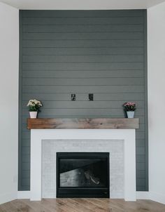 a fireplace with two potted plants on the mantel and a gray wall behind it