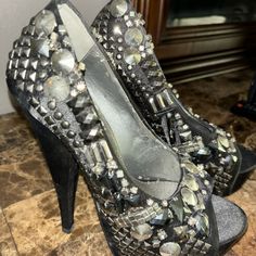 Kiss Kouture Heel Size 7 Great Condition Never Used 6inch Heel Embellished Black Synthetic Heels, Black Embellished Synthetic Heels, Black Embellished High Heels, Black Synthetic Heels With Rhinestones, Bedazzled Shoes, Shoes Women Heels, Shoes Heels, Kiss, Size 7