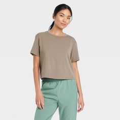 Women's Essential Crewneck Short Sleeve Top - All In Motion™ Dark Brown M Solid Color Relaxed Fit Activewear For Everyday, Boxy Fit Crew Neck Activewear In Athleisure Style, Relaxed Fit Short Sleeve Activewear, Solid Color Relaxed Fit Tops For Athleisure, Versatile Short Sleeve Activewear In Relaxed Fit, Solid Relaxed Fit Tops For Athleisure, Versatile Relaxed Fit Short Sleeve Activewear, Solid Relaxed Fit Athleisure Tops, Moisture-wicking Relaxed Fit Athleisure Top