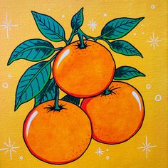 two oranges on a yellow background with stars and snowflakes in the background