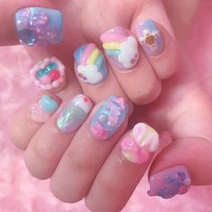 Kawaii Blue Nails, Kawaii Blue, Kawaii Nail Art, Cute And Aesthetic, Pretty Gel Nails, Really Cute Nails, Soft Nails, Kawaii Nails, Pastel Nails