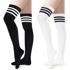 PRICES MAY VARY. SOFT & WARM MATERIALS: Our thigh high socks for women are mainly made of high-quality cotton, which is very skin friendly and cozy. In addition, these over the knee socks also contain a little spandex and polyester that can maintain better elasticity and better fit legs. And you don't have to worry about the long socks slipping off when you wear them! FASHIONABLE ACCESSORIES: Featuring classic three stripes designs at the top, this stylish thigh highs never go out of style. And High Thigh Socks, Striped Thigh High Socks, Striped Knee High Socks, Womens Knee High Socks, Rainbow Socks, Striped Stockings, Fashionable Accessories, Over The Knee Socks, Thigh High Socks