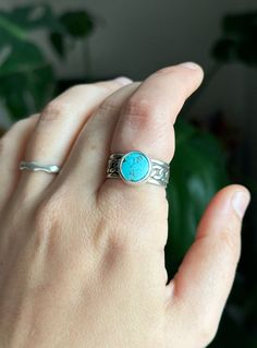 These thick-banded rings are everything! Egyptian Turquoise is a rare turquoise still mined from the original, ancient mines of the Sinai Peninsula. I have only a handful of these stones to work with! Set on a wide, chain link band. Size 6.5. Round Chrysocolla Jewelry For Spiritual Use, Spiritual Round Chrysocolla Jewelry, Artisan Turquoise Ring Jewelry, Untreated Southwestern Style Ring Jewelry, Untreated Chrysocolla Turquoise Jewelry, Artisan Turquoise Ring With Chrysocolla, Turquoise Round Band Promise Ring, Spiritual Turquoise Ring Jewelry, Bohemian Wide Band Promise Ring