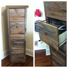 a wooden dresser sitting on top of a hard wood floor