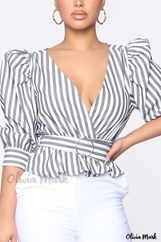 Olivia Mark – Chic Camisa de manga abullonada con estampado de rayas gris con atractivo de moda Puff Sleeve Shirt, 60 Fashion, Striped Sleeve, Puff Sleeve Blouse, Yellow Fashion, Fashion Pattern, Grey Fashion, Olivia Mark, Favorite Shirts