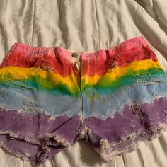 Soft Jean Shorts, Never Worn Multicolor Jean Shorts With Pockets, Multicolor Cotton Cutoff Jean Shorts, Multicolor Denim Shorts, Blue Jean Shorts With Built-in Shorts For Streetwear, Tie Dye Jean Shorts, Tie Dye Blue, Punk Style Outfits, Rainbow Tie Dye, Rainbow Tie