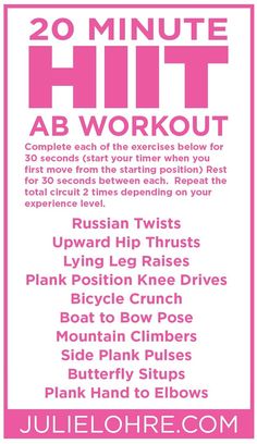 the 20 minute hiit ab workout is shown in pink and white, with instructions on how