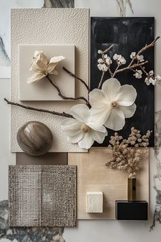 an assortment of decorative items displayed on a wall with marbles and flowers in vases