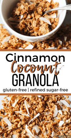 cinnamon coconut granola in a white bowl with text overlay