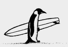 a black and white drawing of a penguin carrying a surfboard