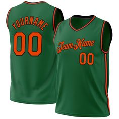 a green basketball jersey with an orange number on the chest and name on the front