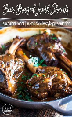 beef braised lamb shanks with gravy in a skillet