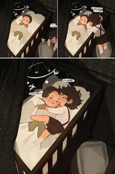 there are two pictures of a baby in a crib and one is kissing the other