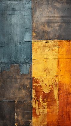 an abstract painting with yellow, blue and brown colors on the side of a wall