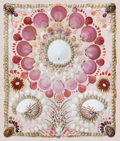 an art work with seashells and shells in the center on a pink background