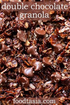 chocolate granola on a plate with the words double chocolate granola