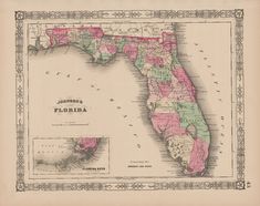 an old map of florida in pink and yellow