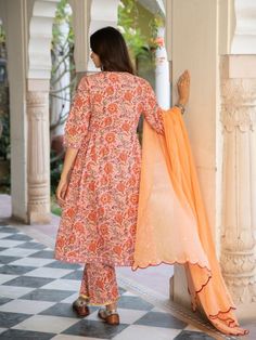 A poetic rendetion of a summer festive collection that makes you nostalgic, in classic luminous block prints. Handcrafted on a bed of fine cotton, mul and doria in hues of pastels. Perfect for light occasions. A set of 3 consists of kurta, pants & dupatta. Kurta: Summery florals combined with the most delicate silhouette inspired by the vintage bhopali peach kurta. This round neck, side gathered ghera kurta in cotton with loop button and gota detailing is a summer staple . Finished with hand pri Cotton Kurta Set, Kurta Pants, Jayanti Reddy, Rhea Kapoor, Festive Collection, Cotton Kurta, Jacqueline Fernandez, Indian Designer Wear, Summer Staples