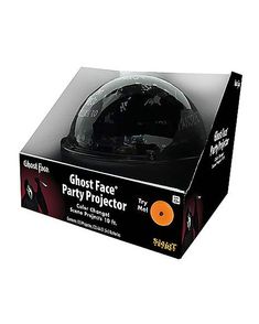 the ghost face party projector helmet is packaged in a black box with orange accents