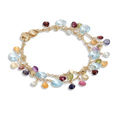 Composed of 18k yellow gold and adorned with a stunning combination of topaz and other multi-colored gemstones, this double strand bracelet is a gorgeous addition to the Paradise collection. Golden Beads, Marco Bicego, Jewelry Tags, Freshwater Pearl Bracelet, The Paradise, Tiny Hand, Bracelets Handmade Beaded, Strand Bracelet, White Quartz