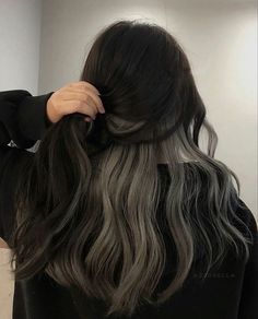 Hair Color White Highlights, Hidden Highlights Hair Black, Ash Grey Peekaboo Hair, Asian Hair Dye Ideas Korean, Asian Skunk Hair, Grey Highlights In Black Hair, Hair Streaks For Black Hair Highlights