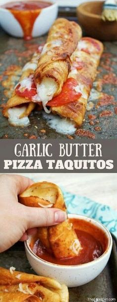 garlic butter pizza taquitos with marinara sauce on the side and in a bowl