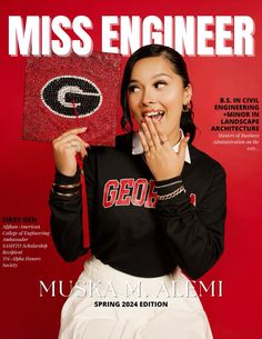 the cover of miss engineer magazine features a girl holding a football jersey and smiling at the camera