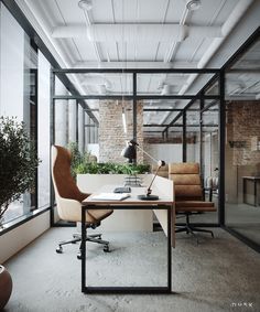 an office with glass walls and lots of plants on the desk, along with two brown leather chairs