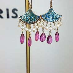 New! Enamel And Pearl Drop Earrings Pink/Blue/Gold Comes With Henri Bendel Pouch And Box. Elegant Purple Jewelry For Summer, Elegant Summer Purple Jewelry, Pink Teardrop Jewelry For Summer, Elegant Purple Summer Jewelry, Summer Pink Teardrop Jewelry, Summer Pink Pierced Jewelry, Summer Teardrop Pink Jewelry, Evening Enamel Drop Earrings, Exquisite Blue Hallmarked Earrings