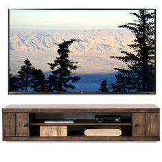 a flat screen tv mounted to the side of a wall next to a tree filled forest