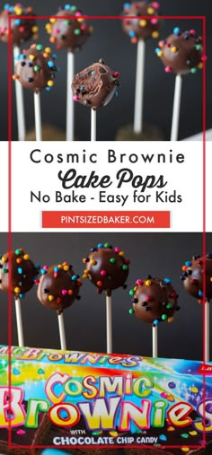 chocolate cake pops with sprinkles on top and the words cosmic brownie cake pops no bake easy for kids