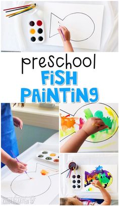 this is a collage of pictures with the words preschool fish painting on it and two children's hands holding paintbrushes