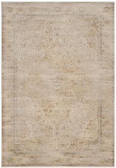 an antique style rug in beige and tan tones with intricate designs on the border,