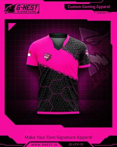 a pink and black soccer jersey with the name custom gaming apparel on it's chest