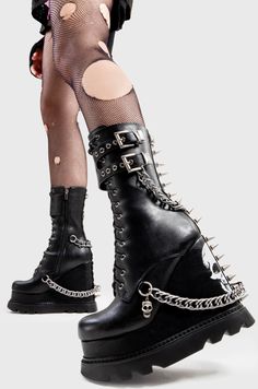 Unleash your inner badass with She's Dangerous Chunky Platform Ankle Boots in Black faux leather. Featuring a skull print, silver buckles, chains, and spikes on a wedge sole. Ethical and vegan. Cute Shoes Heels, Black Platform Heels, High Heel Wedges, A Skull, Emo Fashion, Platform Ankle Boots, Black Chain, Chunky Platform, Chunky Boots