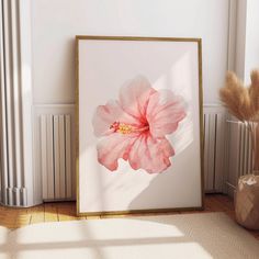 a pink flower is displayed in front of a white wall with a gold frame on the floor