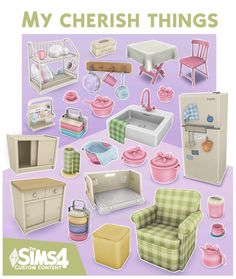 a bunch of furniture and kitchen items on a purple background