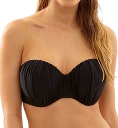 This bandeau swim top has an underwire contour cup and removable straps that are ideal for sun bathing. Made of polyamide and elastane. Padded cup has supportive, hidden underwires that lift and round. Silky, seamless cup overlay is ruched for shape. Center panel is tall and arched for tummy comfort. Mesh lined sides and back have covered elastic along edges for fit. Boning at side seams provides extra bust support. Removable, covered elastic straps adjust with coated metal hardware. Removable s Strapless Padded Swimwear, Strapless Padded Swimwear For Swimming, Underwire Swimwear With Removable Cups, Solid Strapless Swimwear With Removable Bra Pads, Padded Bandeau Swimwear For Poolside, Bandeau Swimwear With Removable Bra Pads, Black Bandeau Swimwear With Padded Cups, Strapless Padded Fitted Swimwear, Fitted Padded Strapless Swimwear