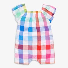 Baby flutter sleeve shortie in rainbow gingham Playful Plaid Summer Tops, Multicolor Summer Tops For Playdate, Rainbow Gingham, Baby Bike, Baby Fabric, White Rainbow, Easy Dressing, Sleeved Romper, Dress Romper