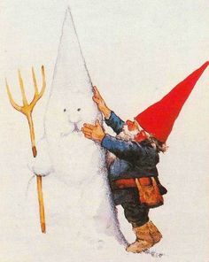 an image of a gnome trying to build a snowman