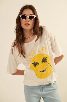 Love Life Distressed Palm Tree Smiley Graphic Tee - ShopPromesa Vintage Canvas, Graphic Tee Design, Love Life, Oversized Fits, Smiley, Round Neckline, Graphic Prints, Short Sleeves, Graphic Tees