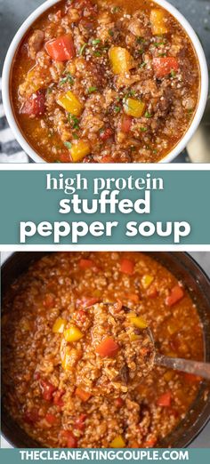 two pictures with different types of soup in them and the words high protein stuffed pepper soup